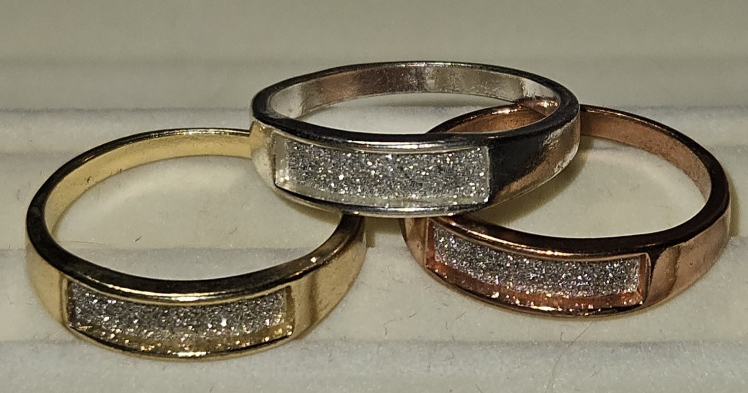 Trio of Rings w/ Sparkle Bands Silver Gold & Rose Gold Tones Sz 10.25