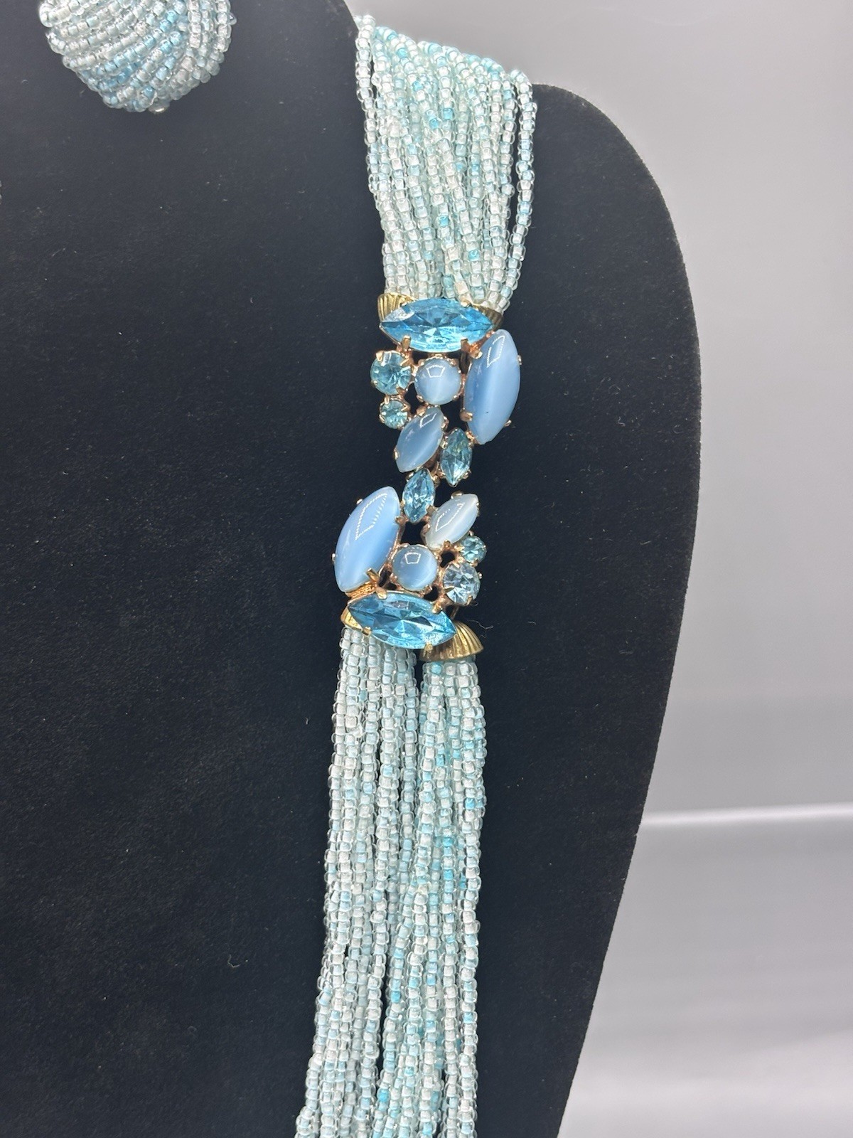 Vintage Glass Seed Bead Aqua Multi Strand Statement Necklace W/ Earrings 50’s