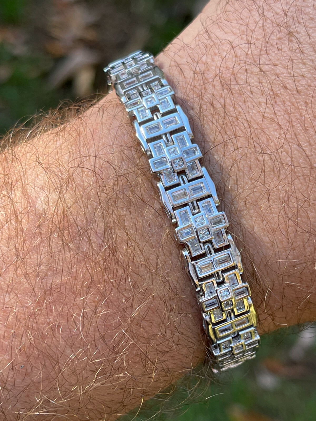 Mens Custom Link Bracelet Real 925 Sterling Silver Iced Baguette CZ Hip Hop