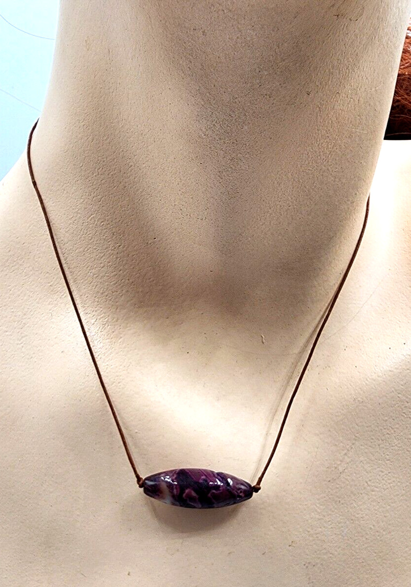 Purple Stone Baguette Pendant Necklace Leather Cord Boho Beachy Artisan Handmade