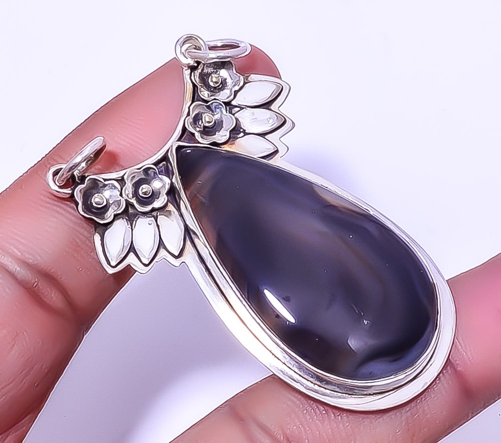 Botswana Agate Gemstone 925 Sterling Silver Handmade Designer Pendant 2.34″ A330