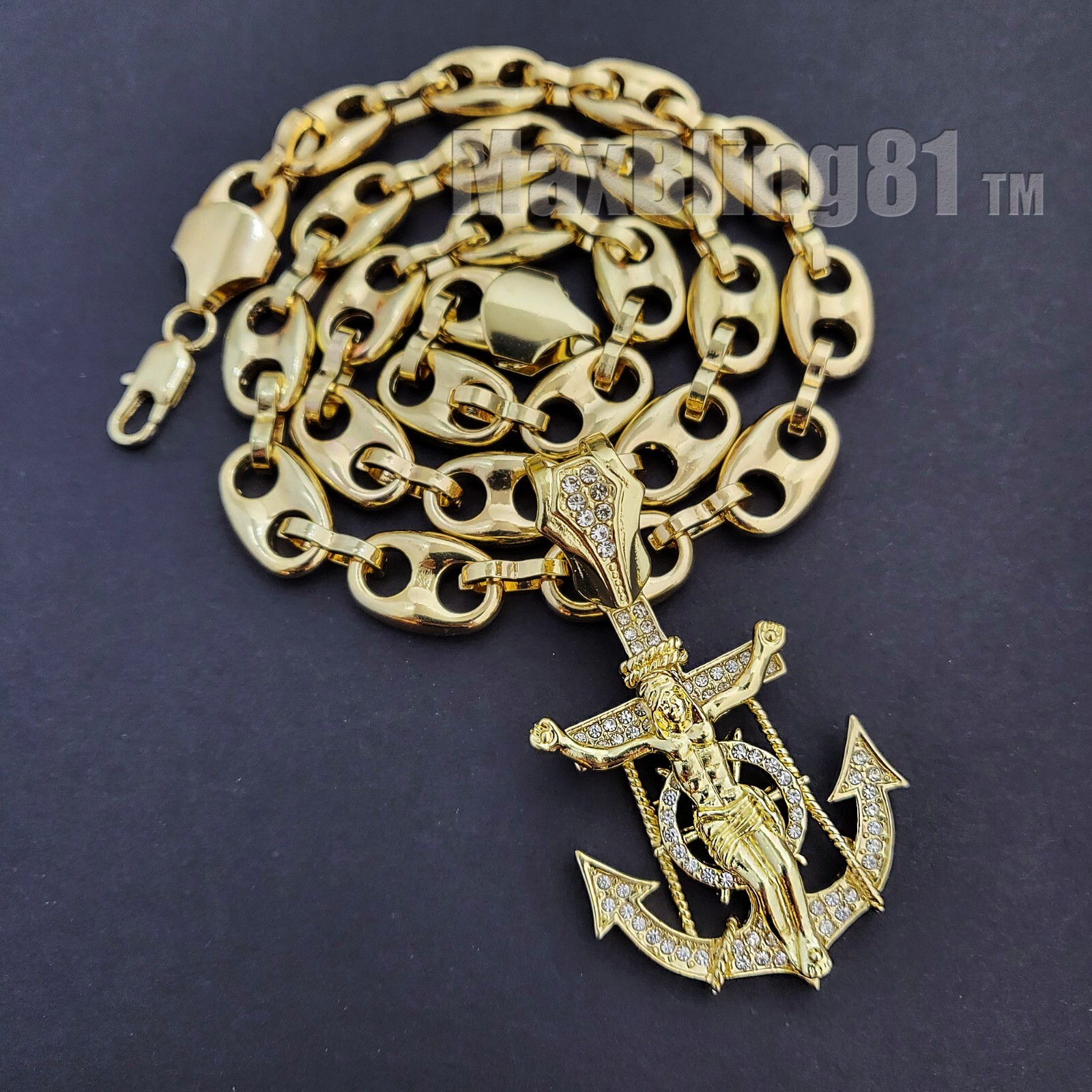 Iced Gold plated Alloy Cubic Zirconia Jesus Anchor & Bling Marina Chain Necklace