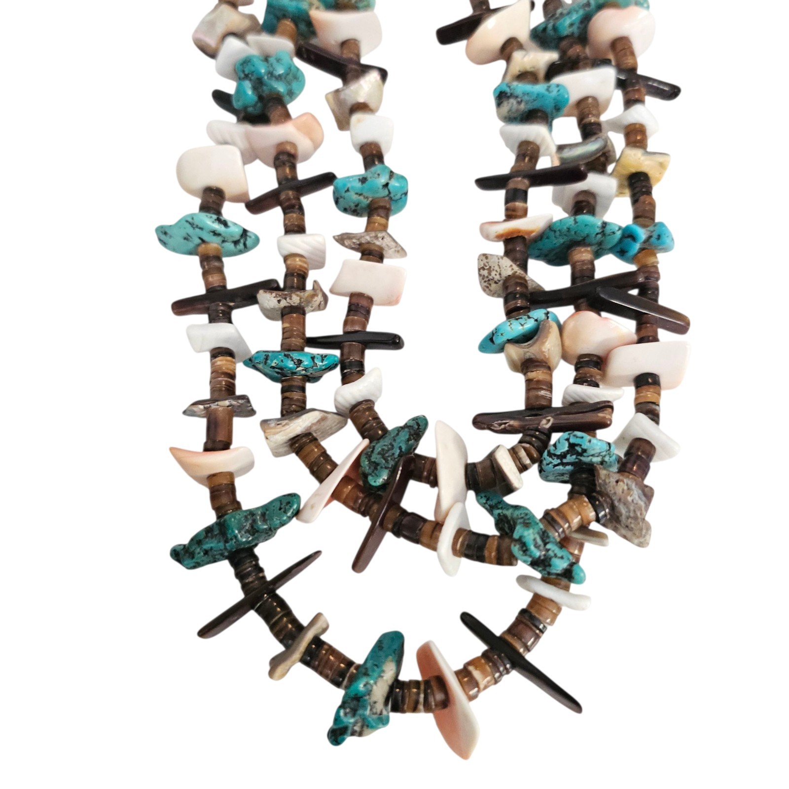 Santo Domingo Native American 3 strand Turquoise Shell Tab Necklace 32 In