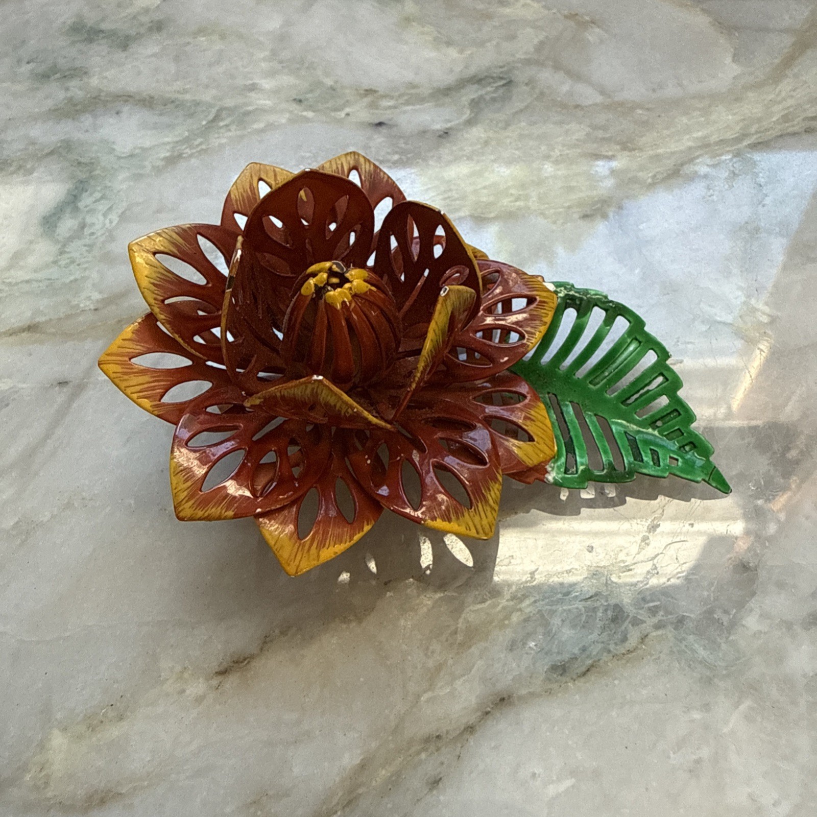 Vintage Orange Yellow Sunface Green Leaf Lotus Flower Brooch 1960’s Rare Metal