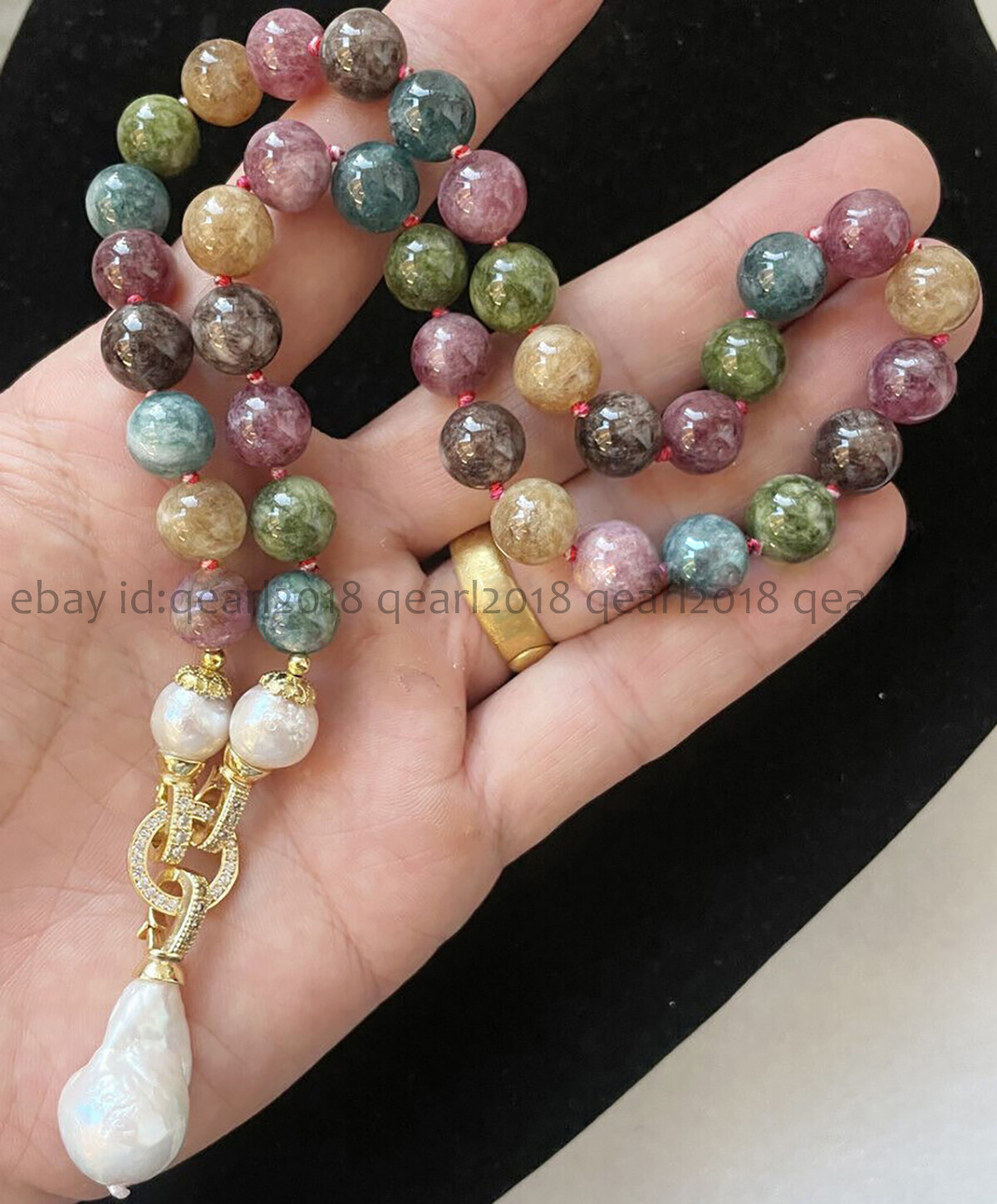 Multicolor Tourmaline Round Gemstone White Keshi Baroque Pearl Pendant Necklace
