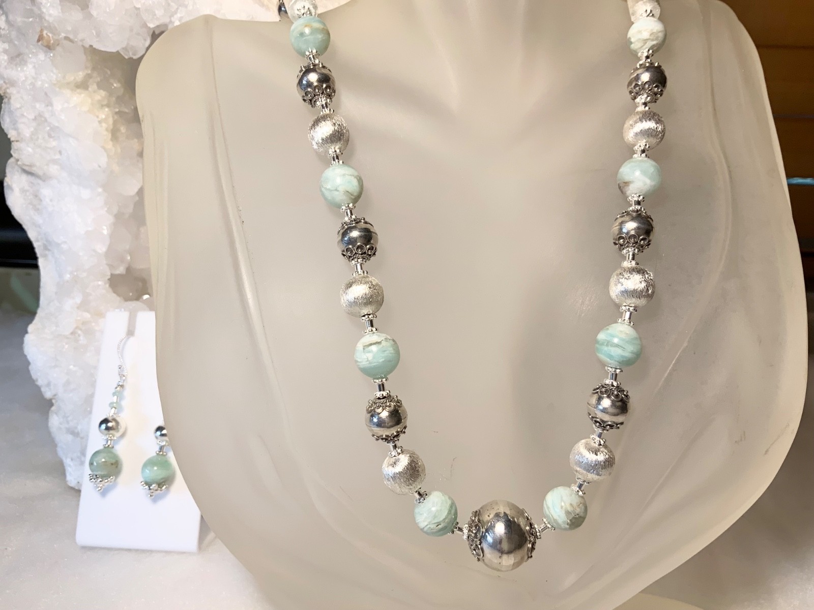 SS .925 BLUE PERUVIAN OPAL NECKLACE & EARRINGS AND SET