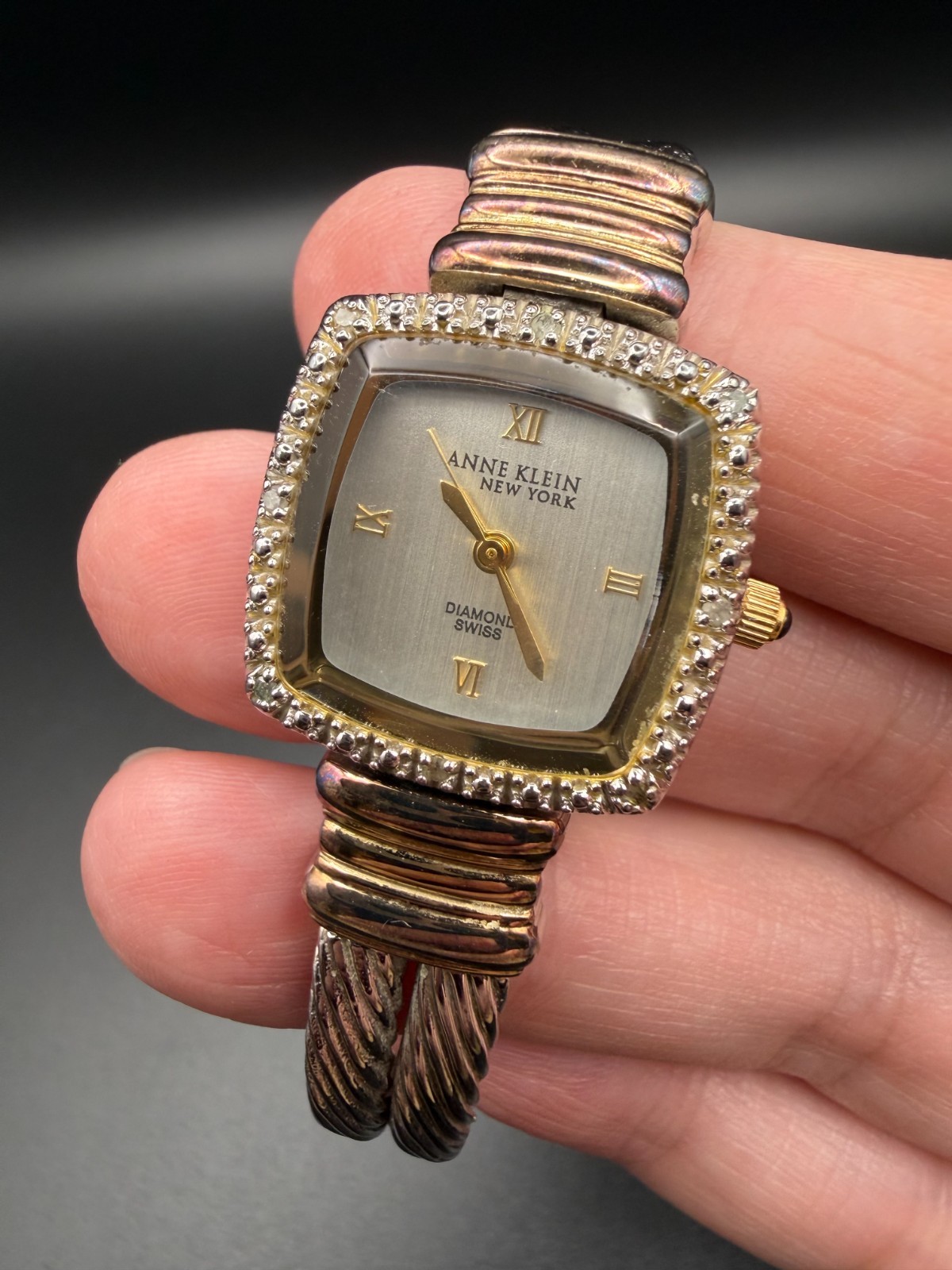 Anne Klein Diamond Swiss Quartz Women’s Watch Runs Stem Broken AS-IS