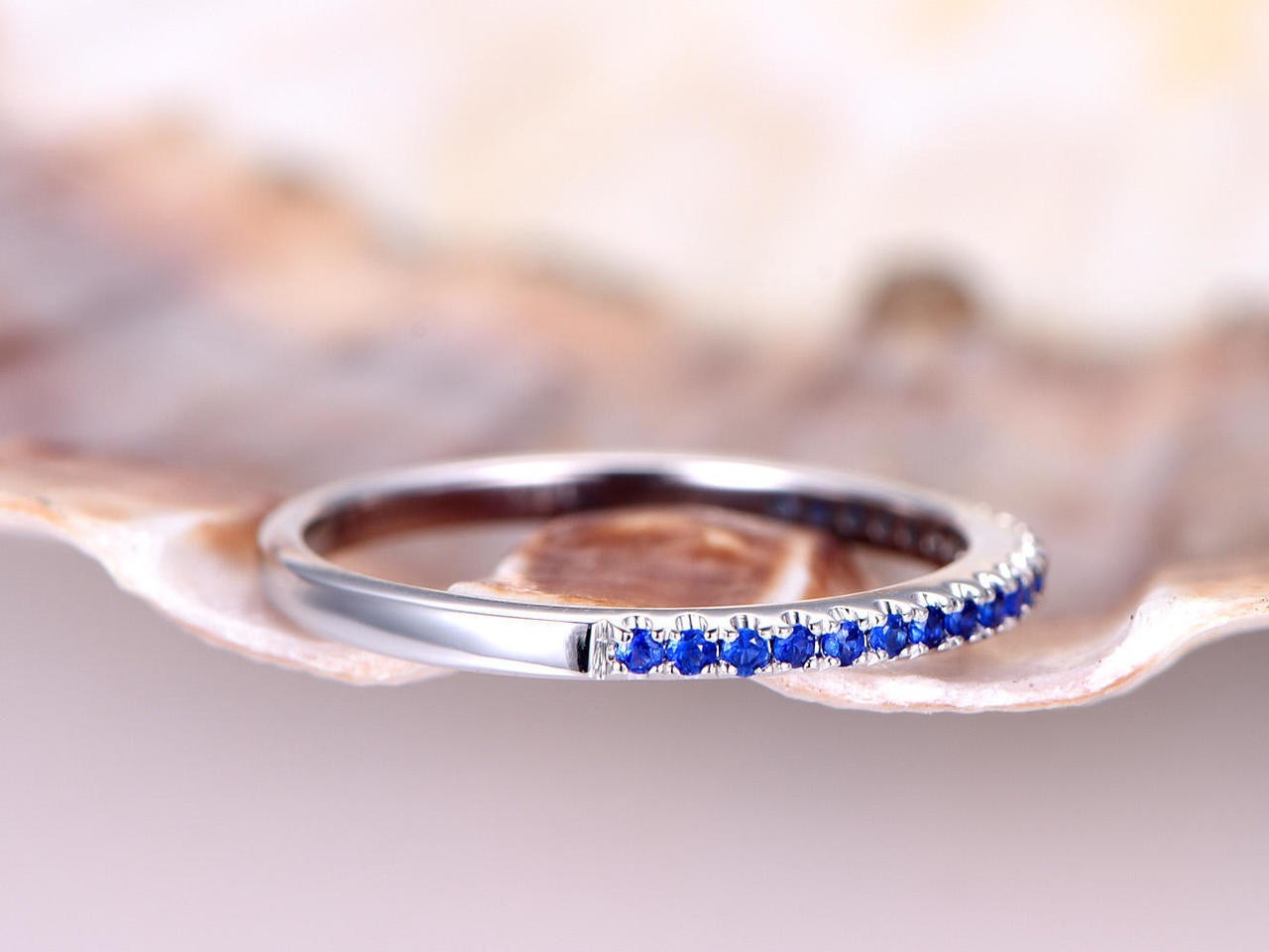 0.25 Ct Round Natural Sapphire Diamond Engagement Ring 14K White Gold Size 7.5