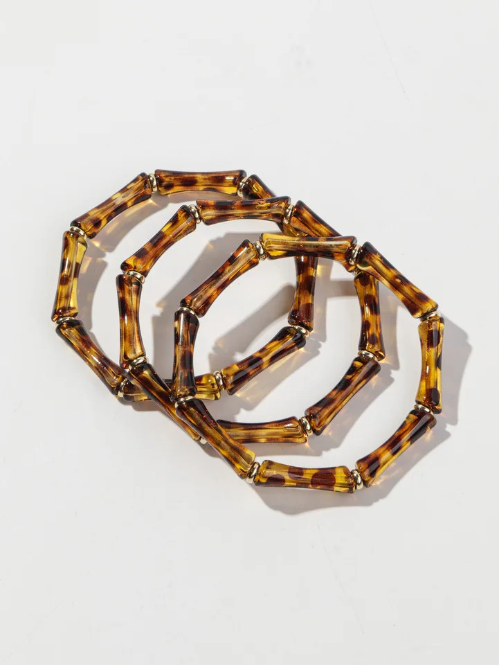 3 pc Leopard Acrylic Bamboo Beaded Bracelet Women Retro Thin Tube Stack Jewelry
