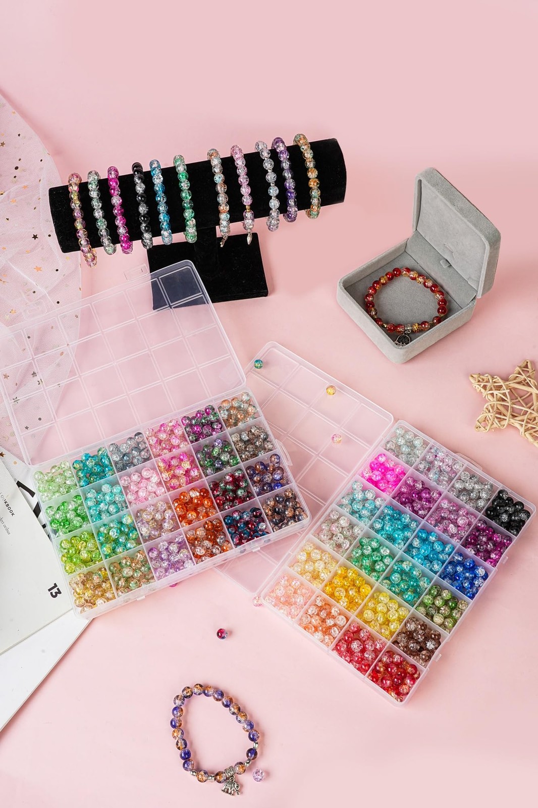 1300PCS 8mm Mixed Crackle Glass Beads for Bracelets Making Small, Style 1