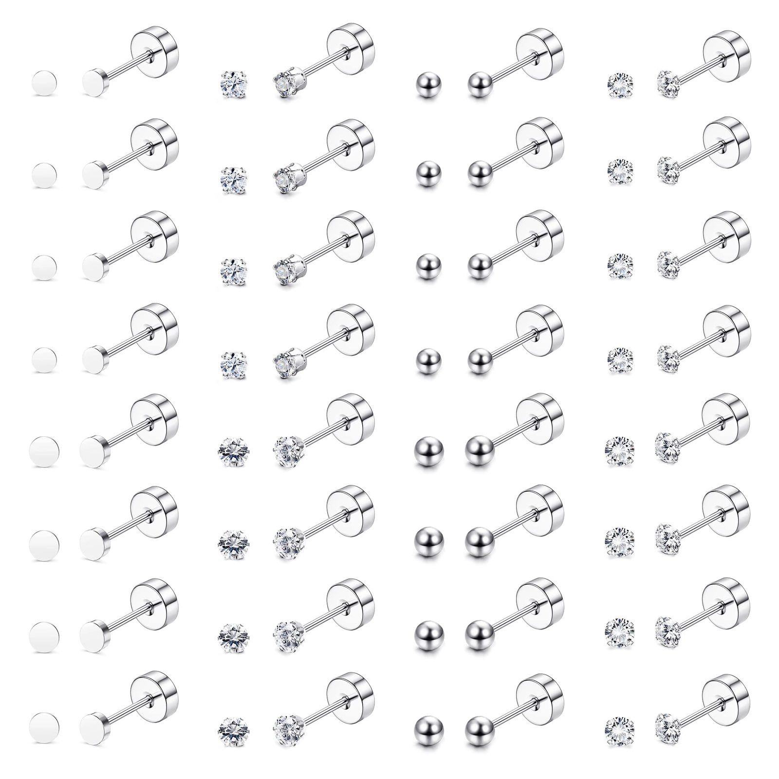 16 Pairs Tiny Cartilage Stud Earrings for Women Men Surgical Steel Flat Back
