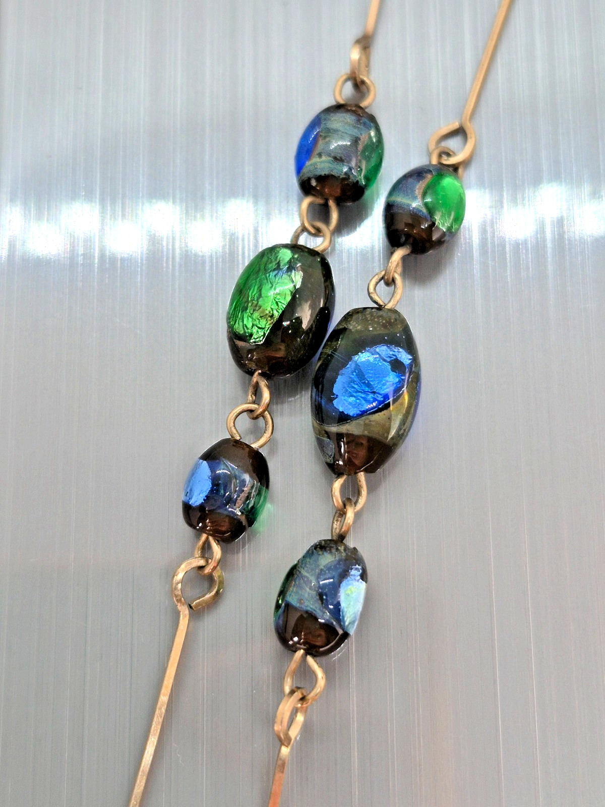 Vintage Art Deco Venetian Green, Blue & Black Foil Glass Bead Necklace 18″
