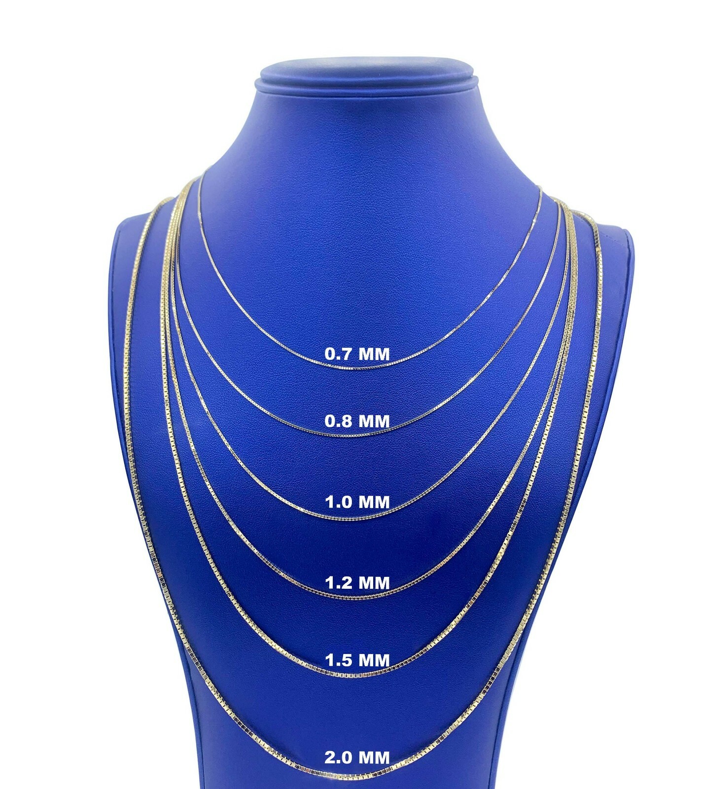 Solid 14K Yellow Gold Box Chain Necklace, 0.8MM To 2.0MM Wide, 13-30 inches