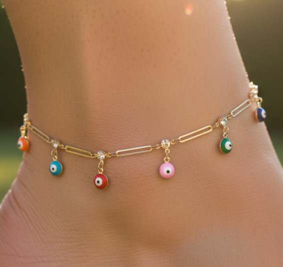 Boho Colorful Evil Eye Anklet Gold Plated Designer Dainty Charm Chain Jewelry