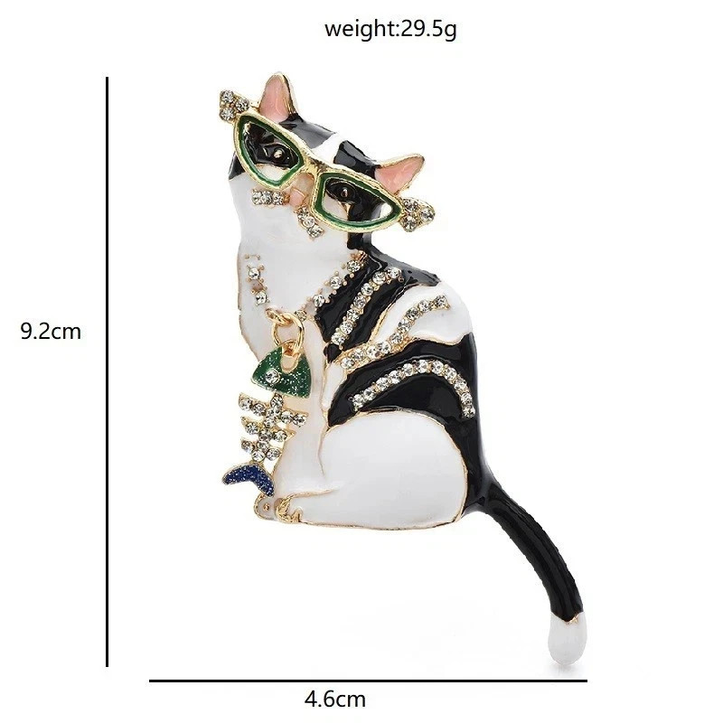 Elegant Cat Rhinestone Brooch Black White Enamel Green Glasses Fish Charm Pin