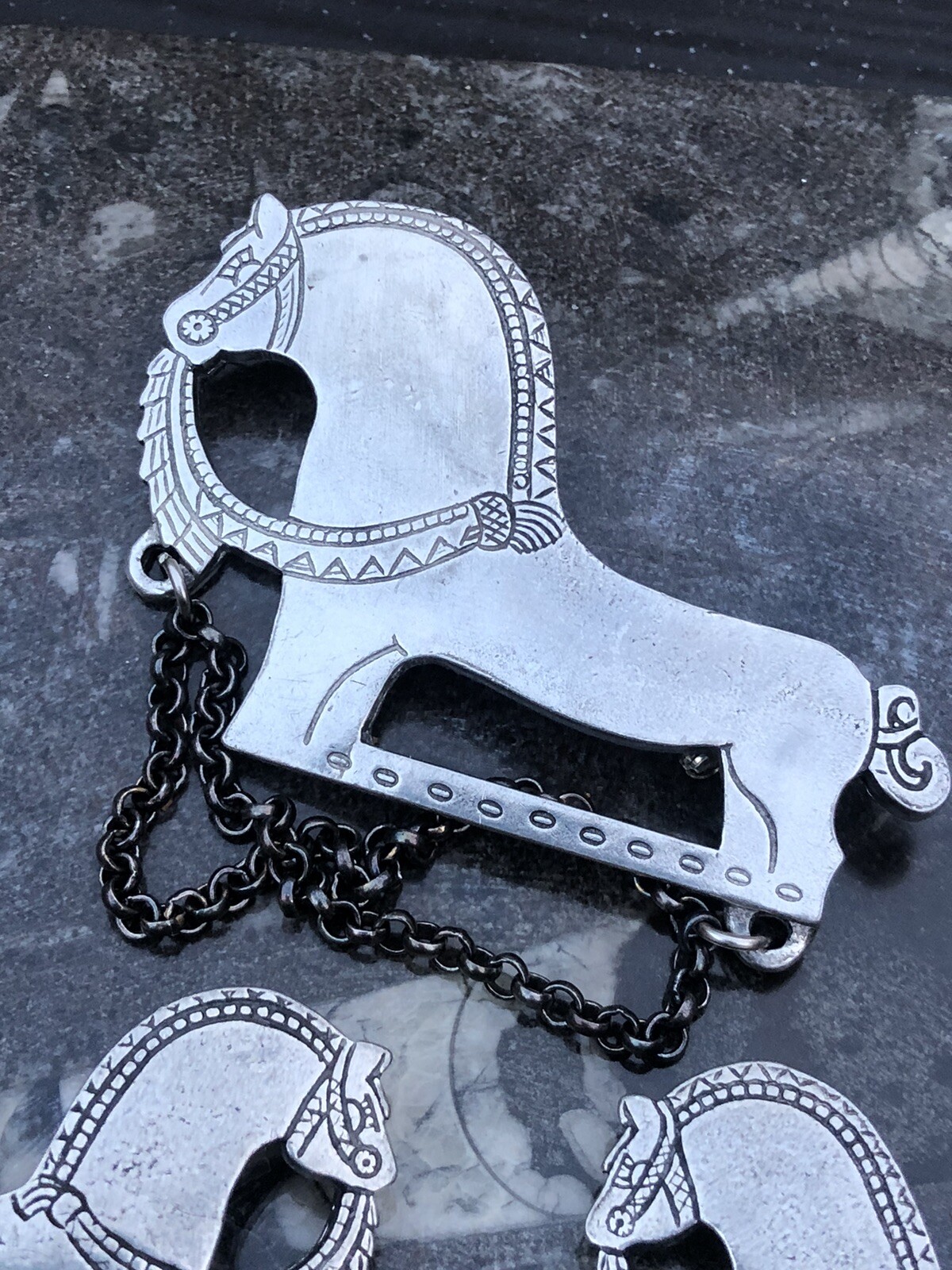 Vintage 1960s Norwegian Tinn Per horse brooch & cloak clasp mid century pewter