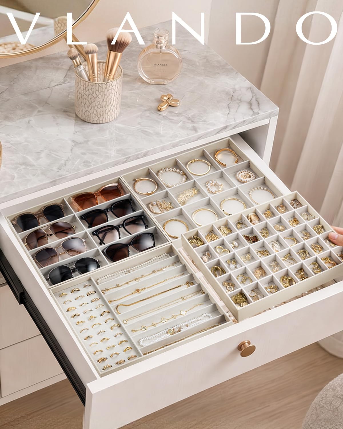 Stackable Jewelry Tray, Drawer Organizer for Bracelets, Beige