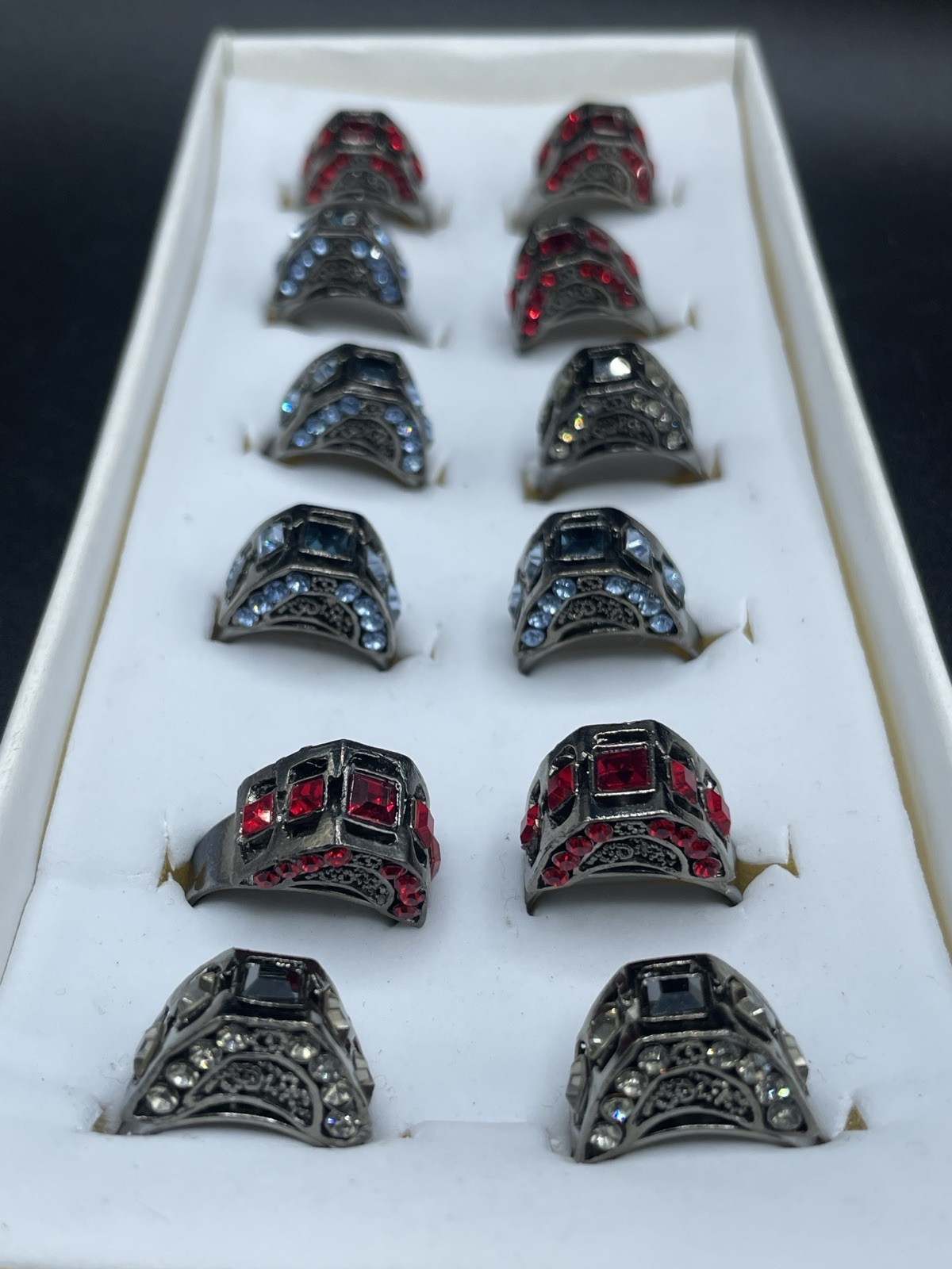 Vintage Rhinestone Ring Lot of 12 Silver Tone Adjustable Red Blue Black