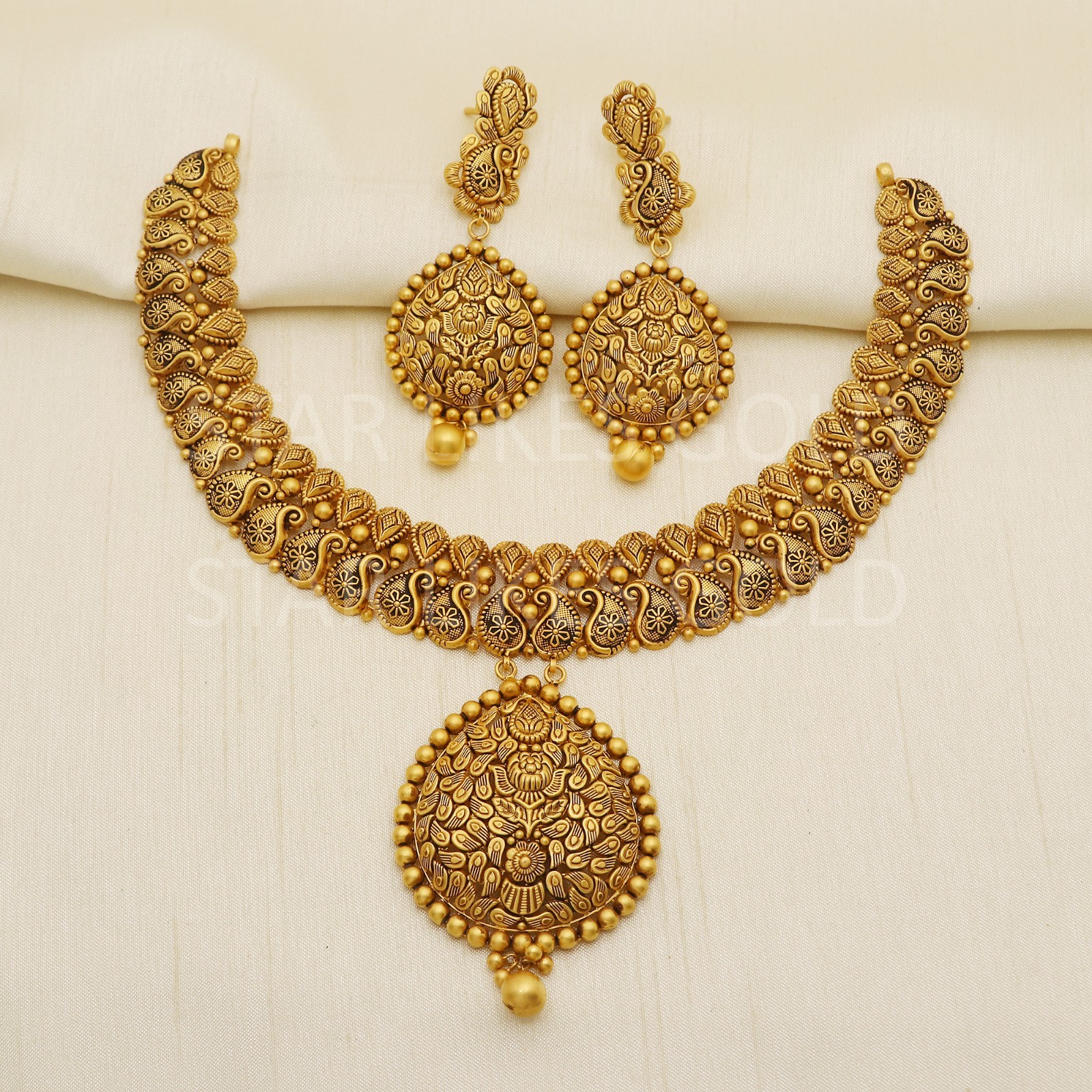 22K Yellow Gold Antique Paisley Collar Necklace Earrings Set Temple 37.87g