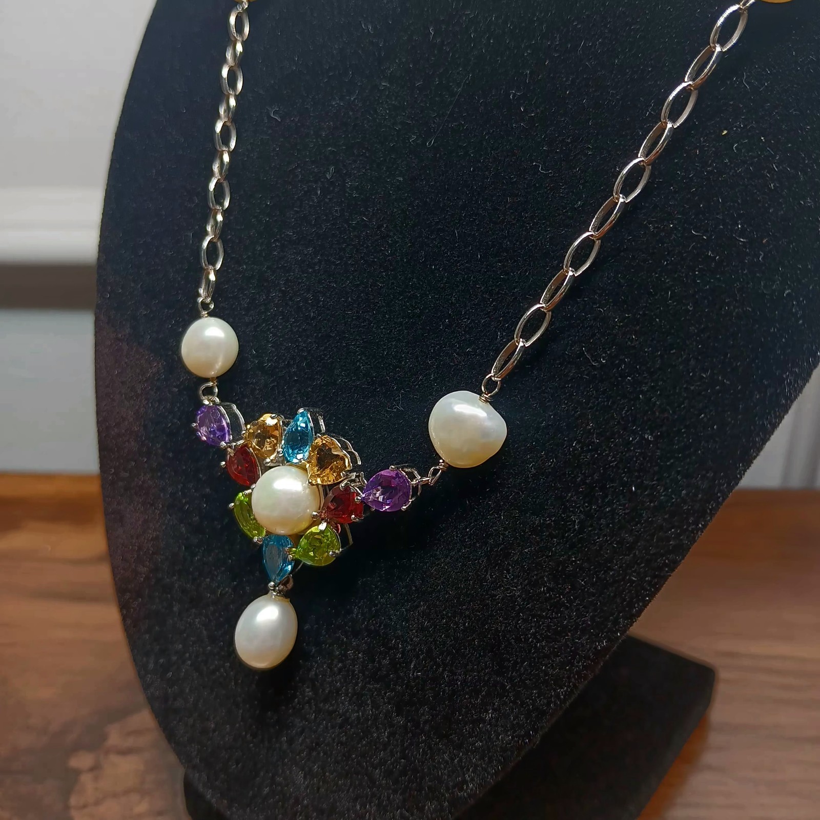 18-20″ Ross Simons Sterling Silver Multi Gemstone & Pearl Chain Station Necklace