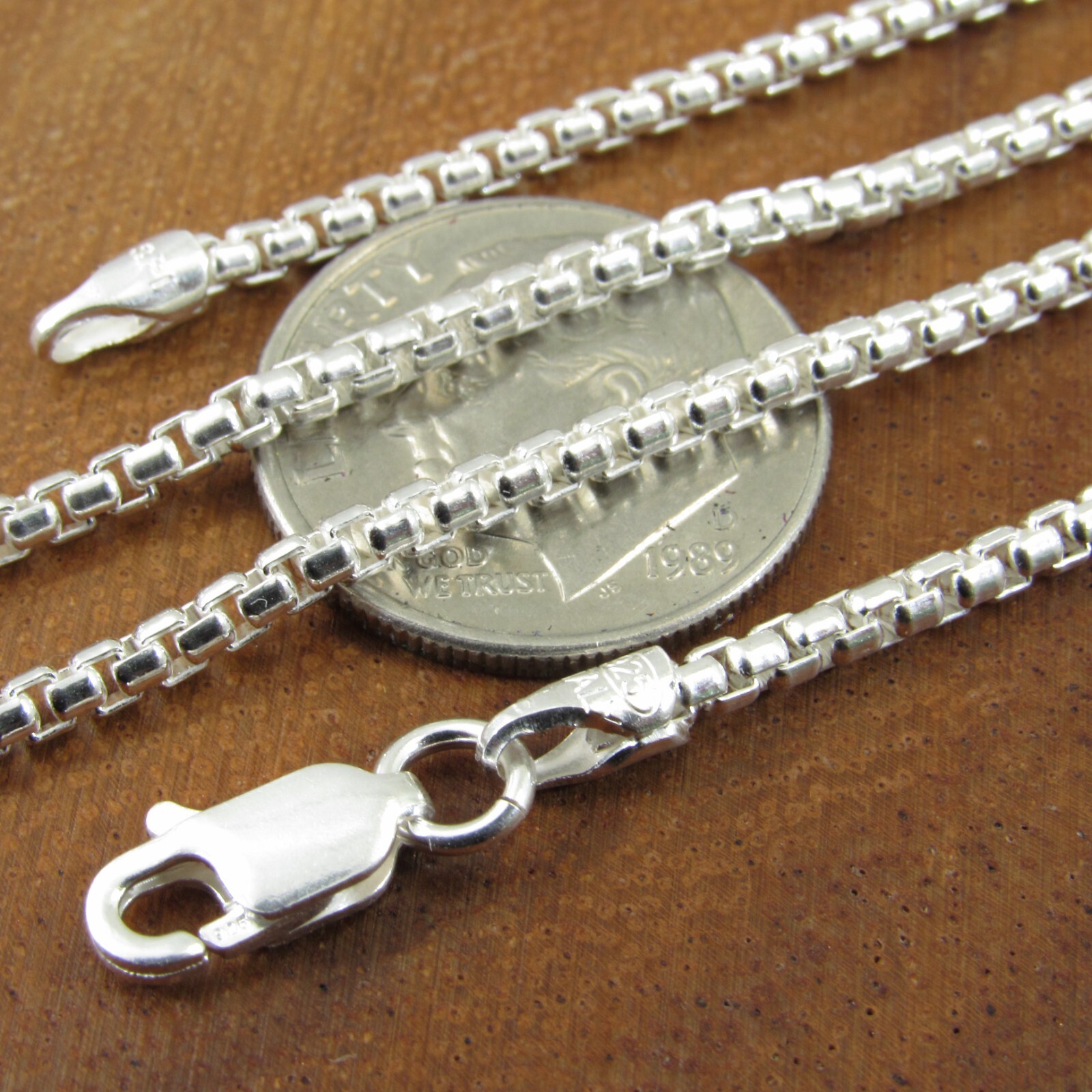 2.1MM Solid 925 Sterling Silver Italian Unisex Round Box Chain Rounded Necklace