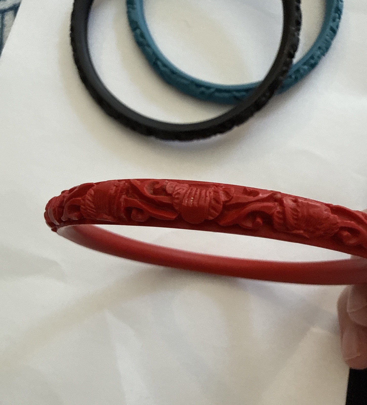 Vintage Chinese Export Faux Cinnabar Carved Resin Bangle Set- 3 Red, Teal, Black
