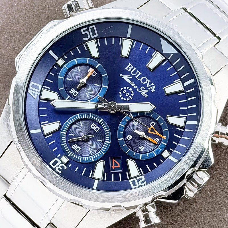 Bulova Men’s Marine Star 96B256 Blue Dial Stainless Strap Quartz Watch 43MM