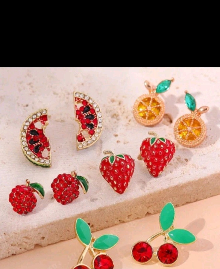 Set Of 5 Micro Mini Stud Earrings, Fruits Embellished With Rinestones. Goldtone