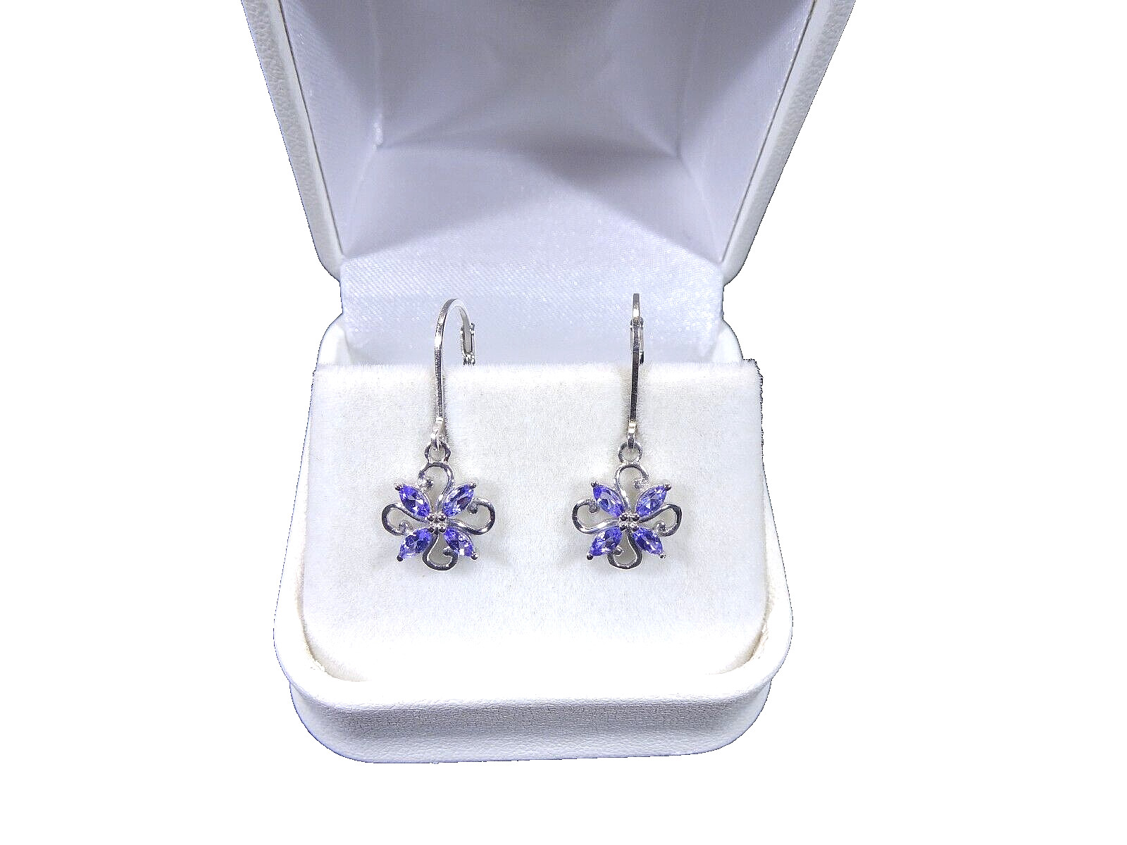 0.40 ct Natural Tanzanite Solid 925 Sterling Silver Flower Leverback Earrings