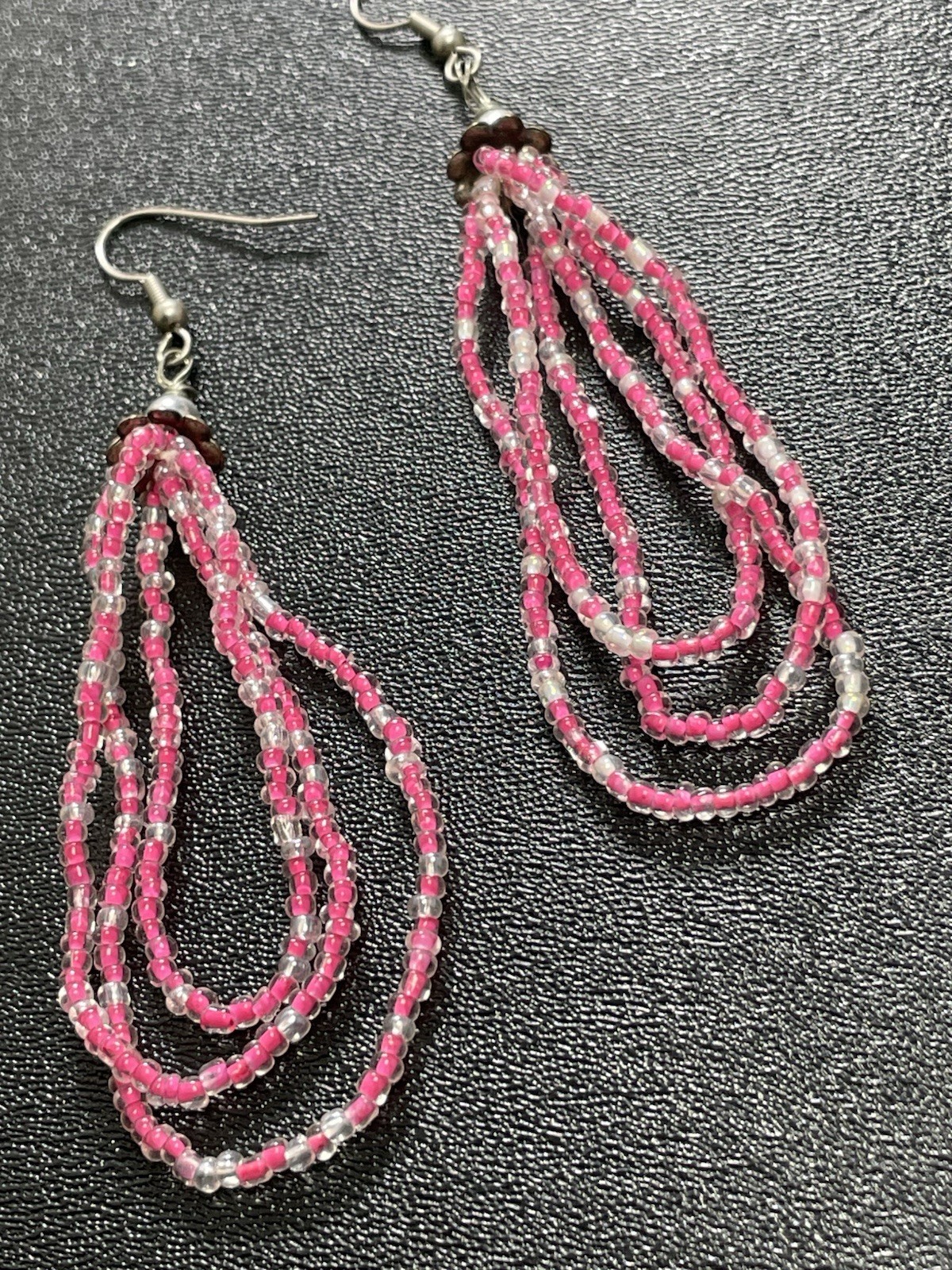 Vintage 3.8” Pink Beaded Silver Tone Dangle Earrings