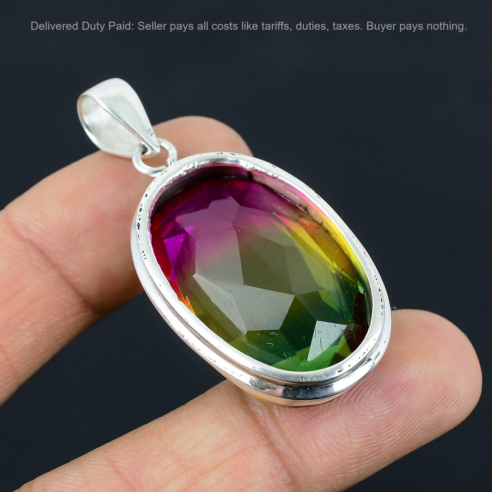 925 Silver Oval Multi Tourmaline Gemstone Elegant Mother Engagement Boho Pendant