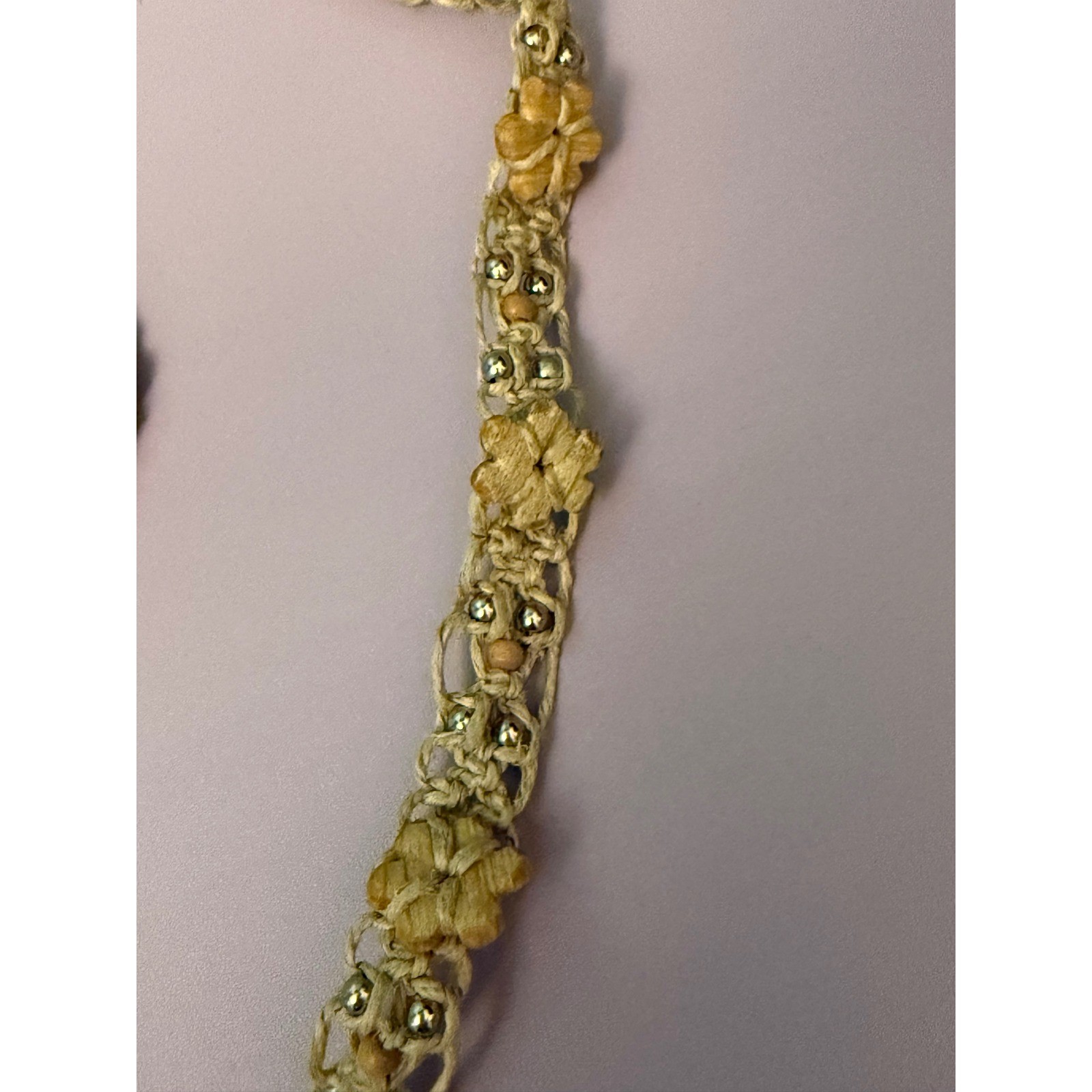 Hemp Jewelry Set Beige Macrame Floral Beaded Boho Necklace Bracelet Anklet