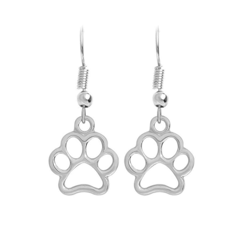 DOG PAW PRINT EARRINGS 1.3″ Drop Dangle Pet Lover Cut Out Stainless Steel Wires