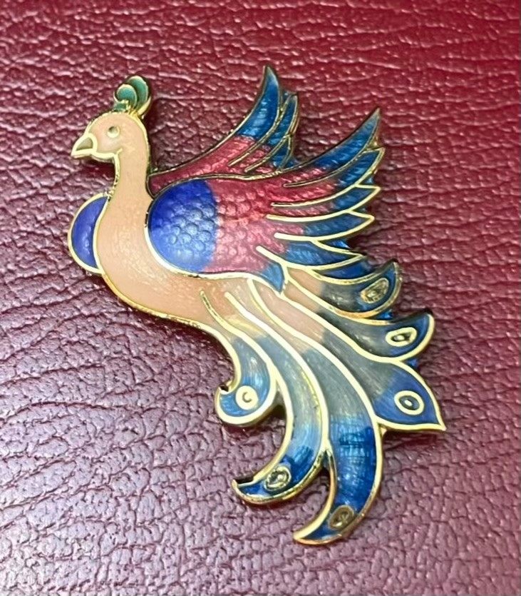Cloisonné Peacock Brooch Paradise Bird Pink Red Green Enamel Mystical Fantasy