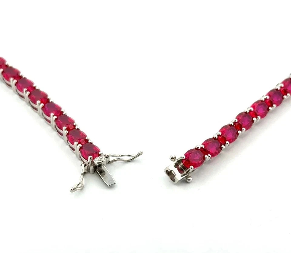 20TCW Oval Cut Lab Created Pink Ruby Tennis Necklace 14k White Gold Plated