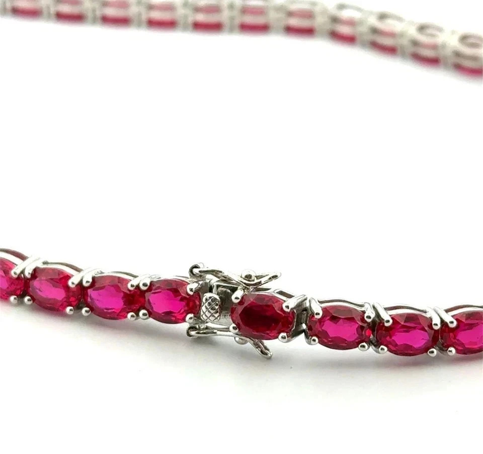 20TCW Oval Cut Lab Created Pink Ruby Tennis Necklace 14k White Gold Plated