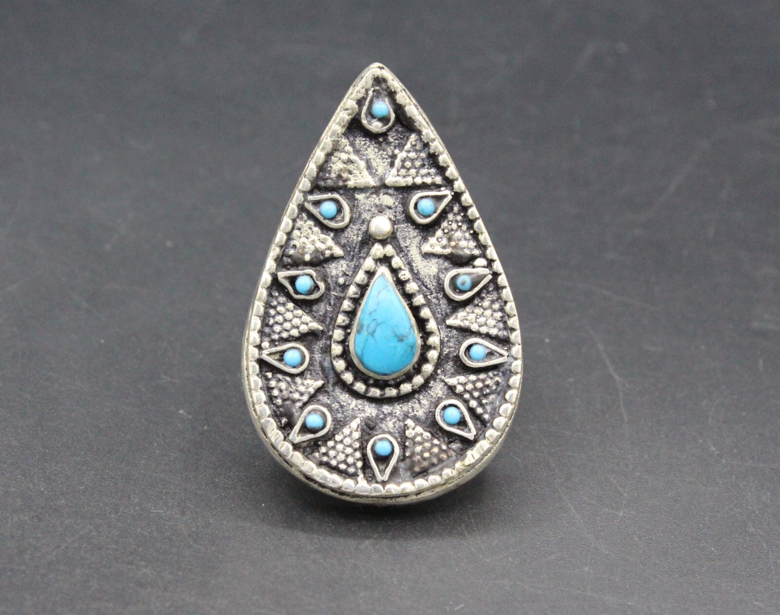 Kazakh Traditional Alpaka Ring, Turquoise Stone Ring, Oval Hand Crafted Ring 9US