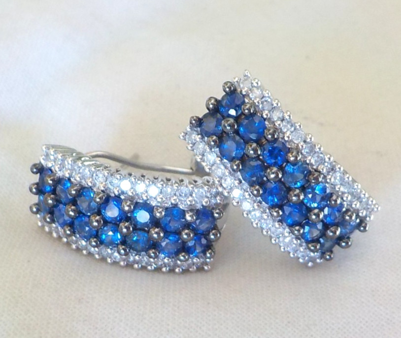 Heavy 14k White Gold Hoop Sapphire Diamond Earrings – 7.90 gms, 0.75 in, 2.52 ct