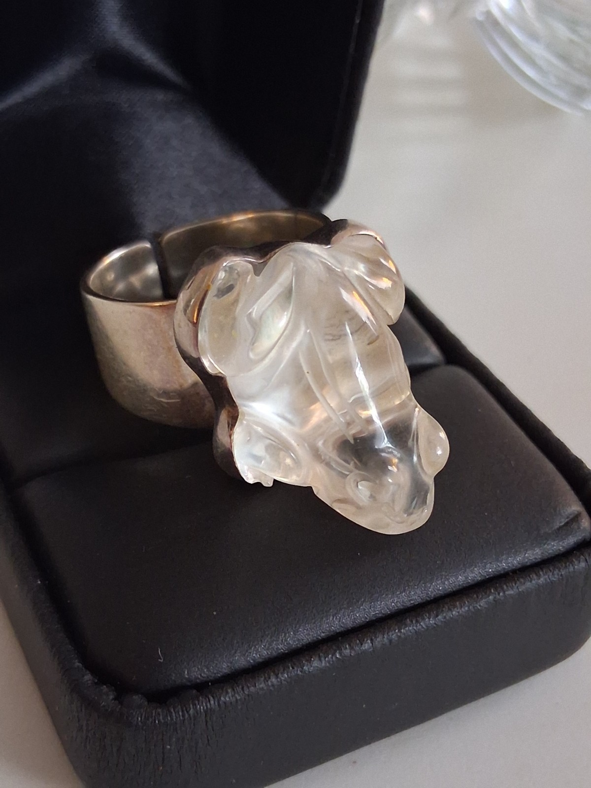 Hand Carved Rock Crystal Quartz Frog Statement Ring Size 10 Sterling Silver NIB