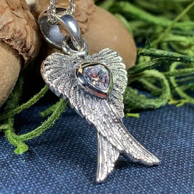 925 Sterling Silver White Topaz Guardian Angel Wings Goddess Pendant Necklace