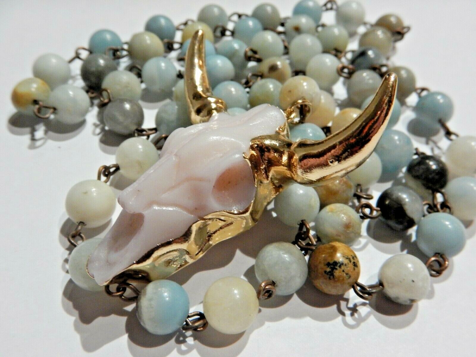 COW SKULL BEADED NECKLACE Amazonite stone blue goldtone ox bull cattle boho L5