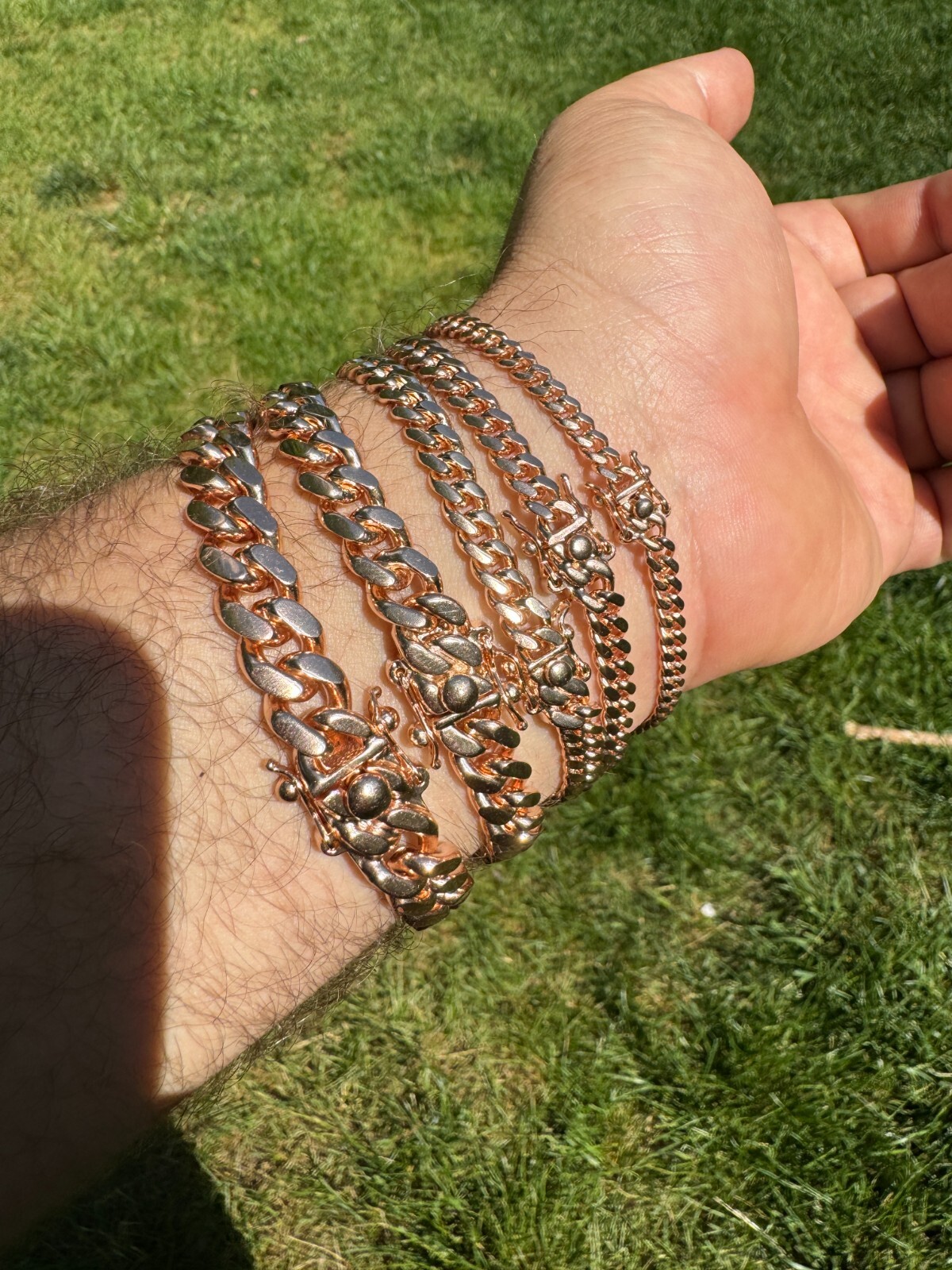 Miami Cuban Link Chain Bracelet 14k Rose Gold Plated Solid 925 Silver Box Lock