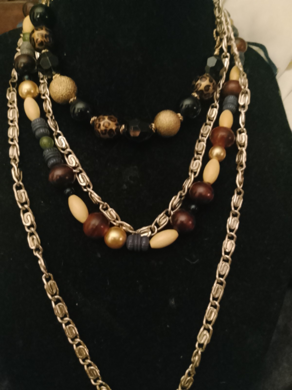Gold Tone Layered Cable Chain Necklace w/ Brown Black Beaded Glass Plastic
