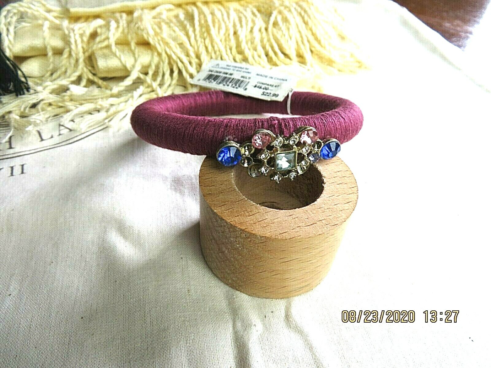 MACYS Fashion Silk Thread Wrapped Bangle Bracelet Crimson-Rose Red Beaded Center