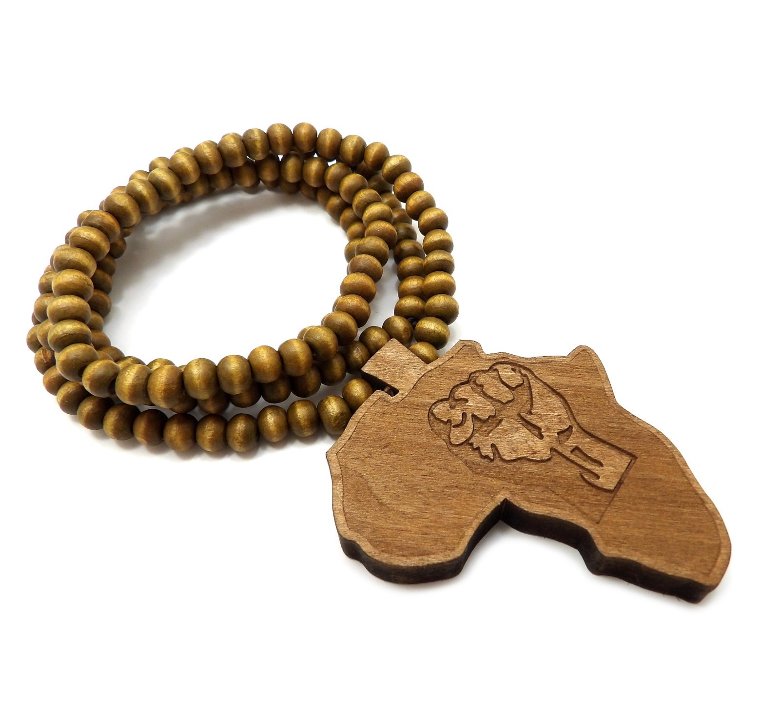 AFRICA MAP FIST POWER PENDANT & 6mm 30″ WOODEN BEAD CHAIN HIP HOP NECKLACE