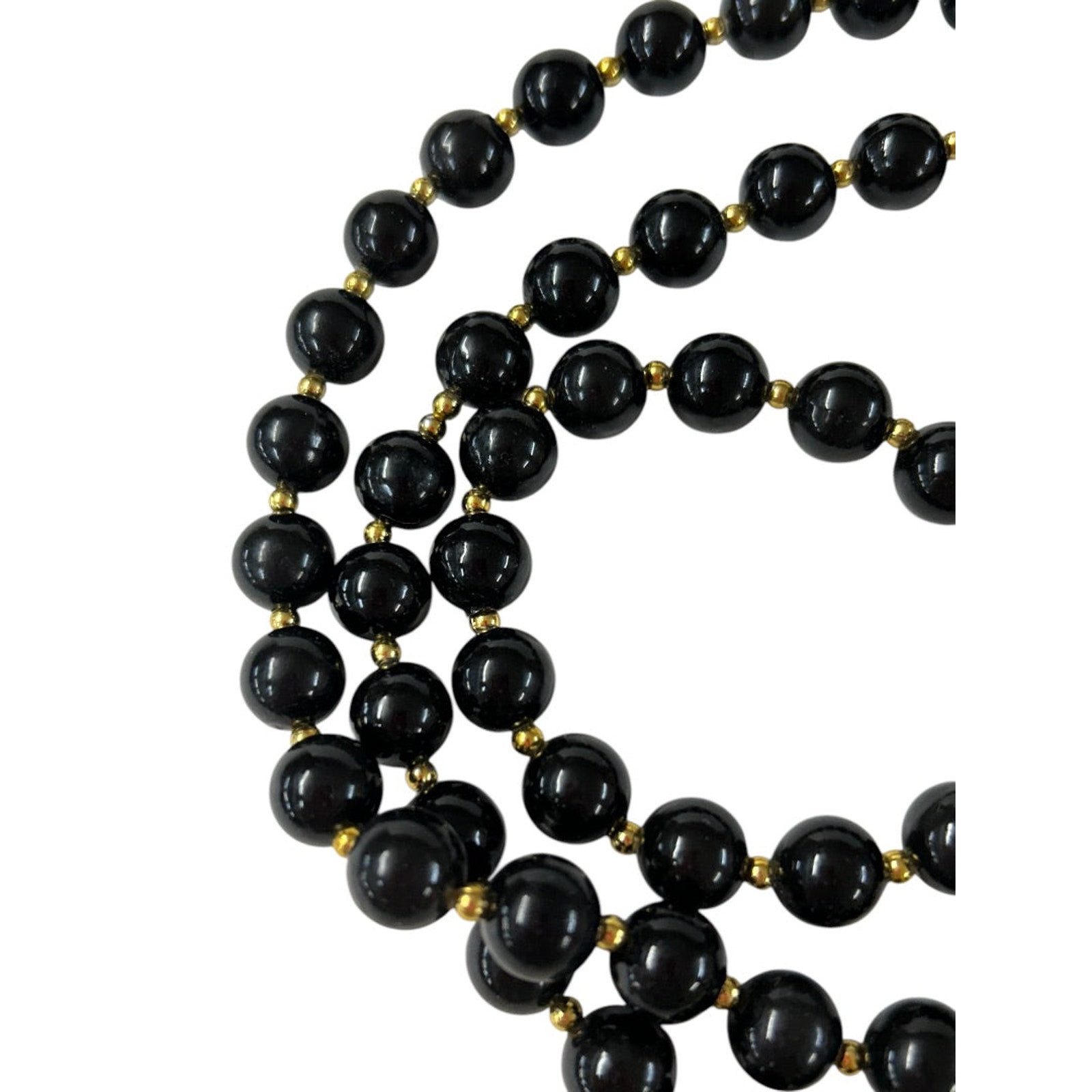 Vintage Black Goldtone Acrylic Necklace Beaded 34 Inch Overhead No Clasp