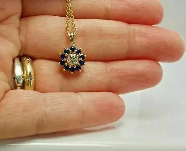 1Ct Round Diamond and Sapphire Women’s Pendant 14K Yellow Gold Finish Free Chain