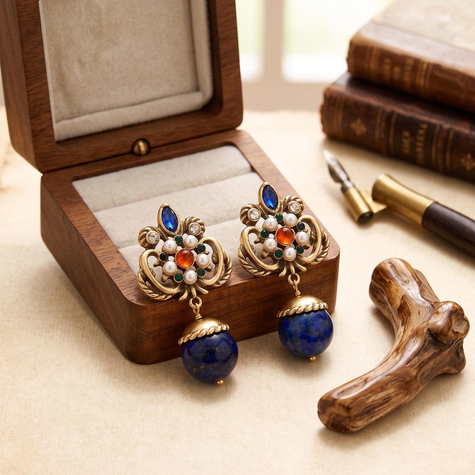 Lapis Lazuli Drop Earrings Fleur De Lis Pearl Crystal Stud Tiger Eye Stone Ball