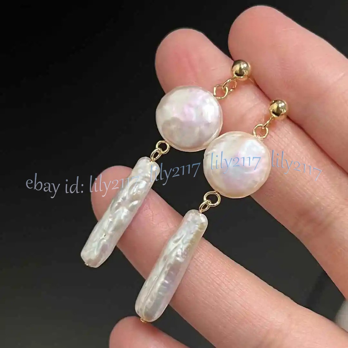 5x24mm Nature Rectangle Stick White Pearl 11-12mm Coin Pearl Dangle Stud Earring