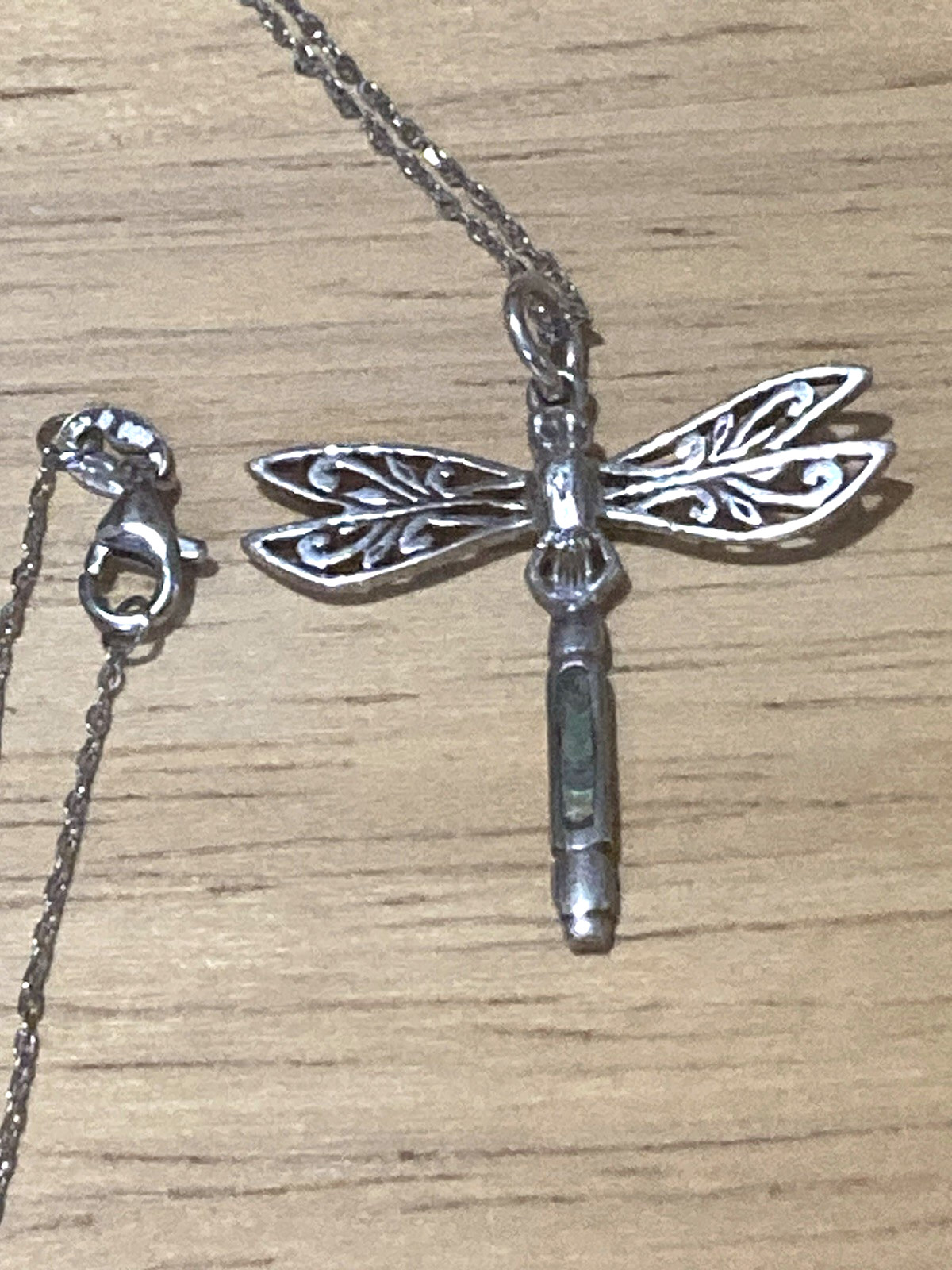 Vintage Peter Stone Pendant Necklace Sterling Silver Dragonfly Abalone Charm 925
